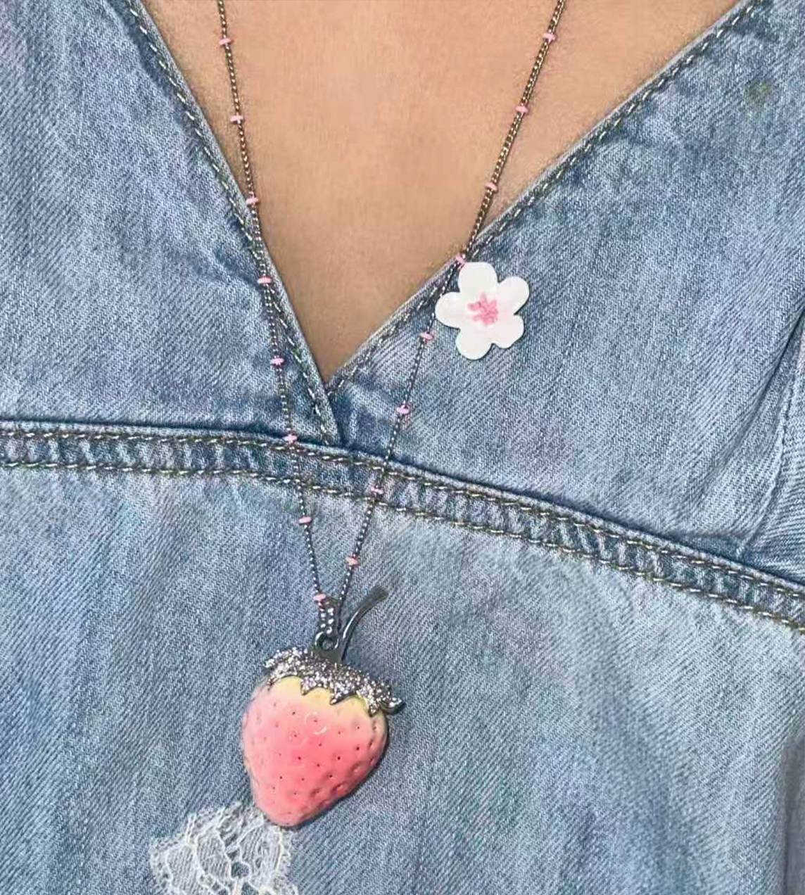 Strawberry Flower Beaded Necklace