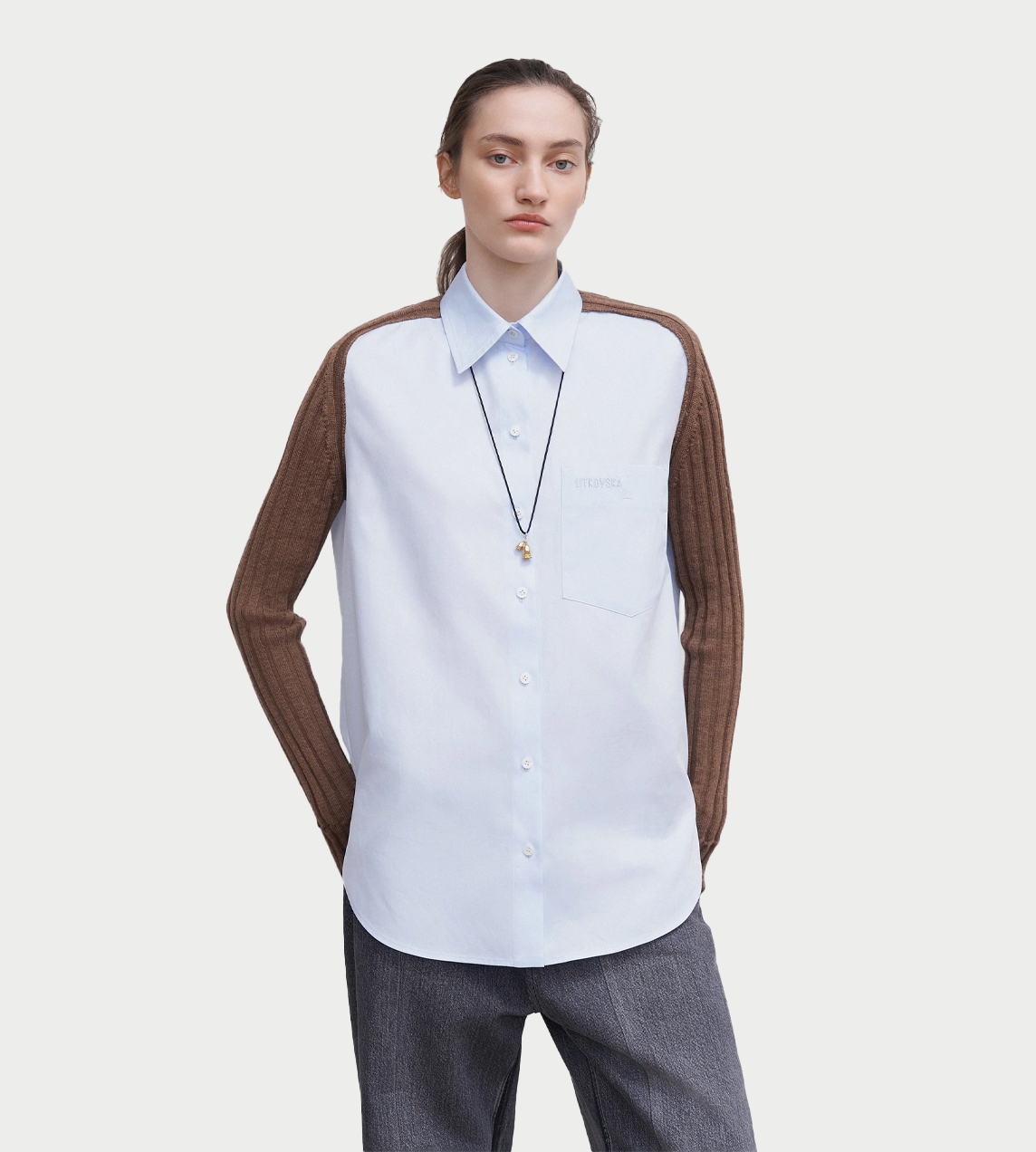 LITKOVSKA - Shirt With Ribbed-Knit Sleeves Blue/Brown