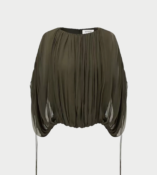 INTO THE EAST - Shoulder Sleeve Drawstring Top Olive Green