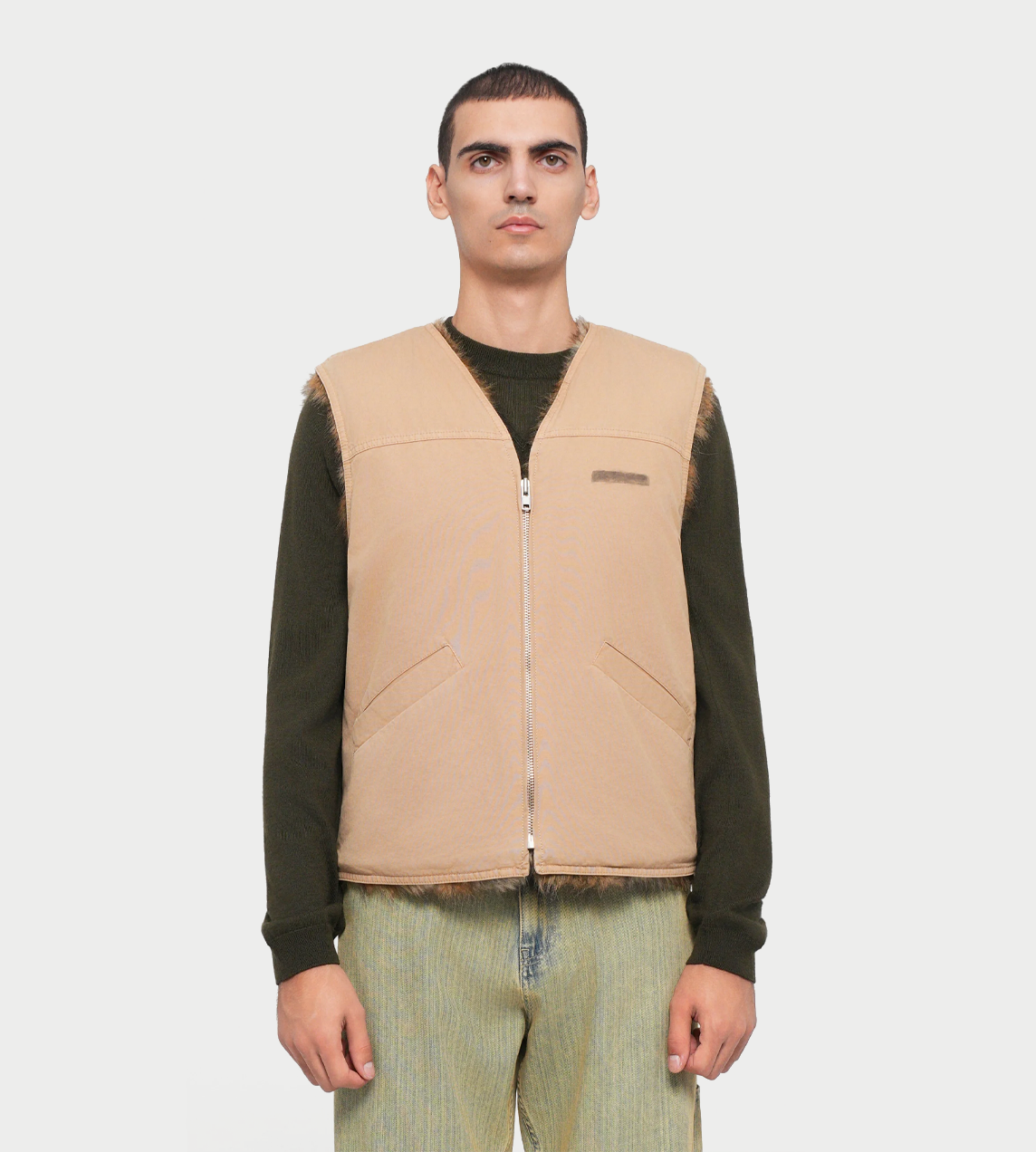 Faux Fur Reversible Vest Dk Beige