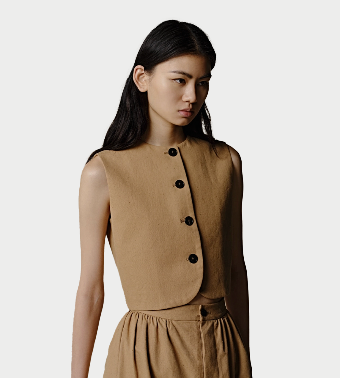 Linen Interwoven Round Neck Vest Lt Coffee