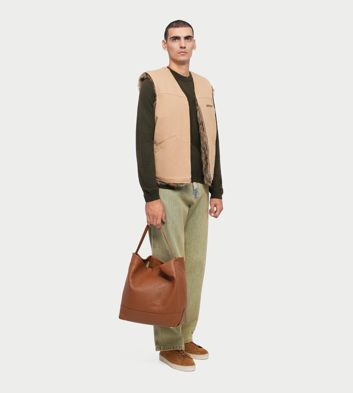 Faux Fur Reversible Vest Dk Beige