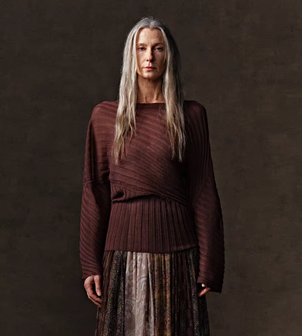 Irregular Rib Knitted L/S Top Brown