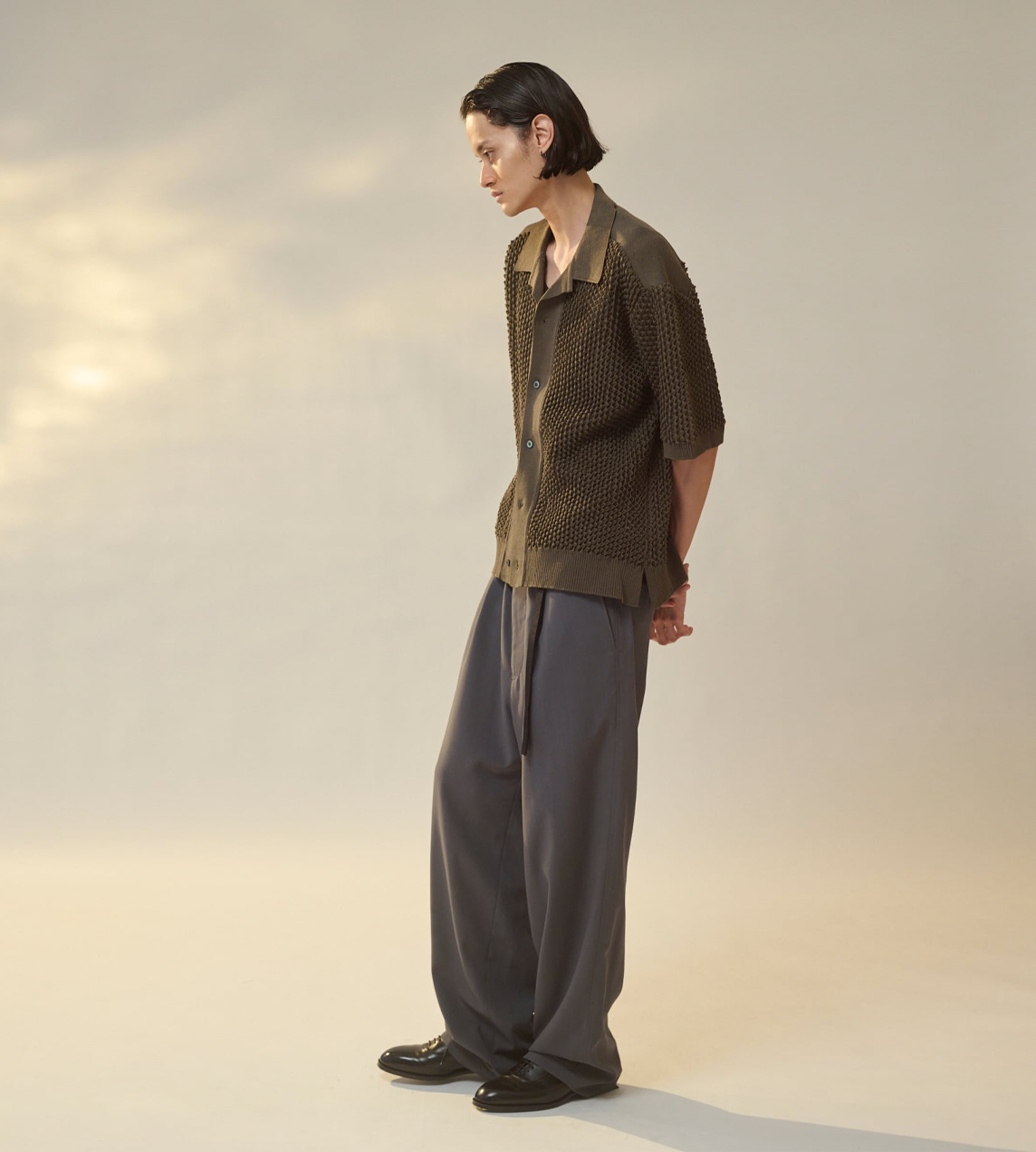UJOH - Open Collar Knit Shirt Olive Grey