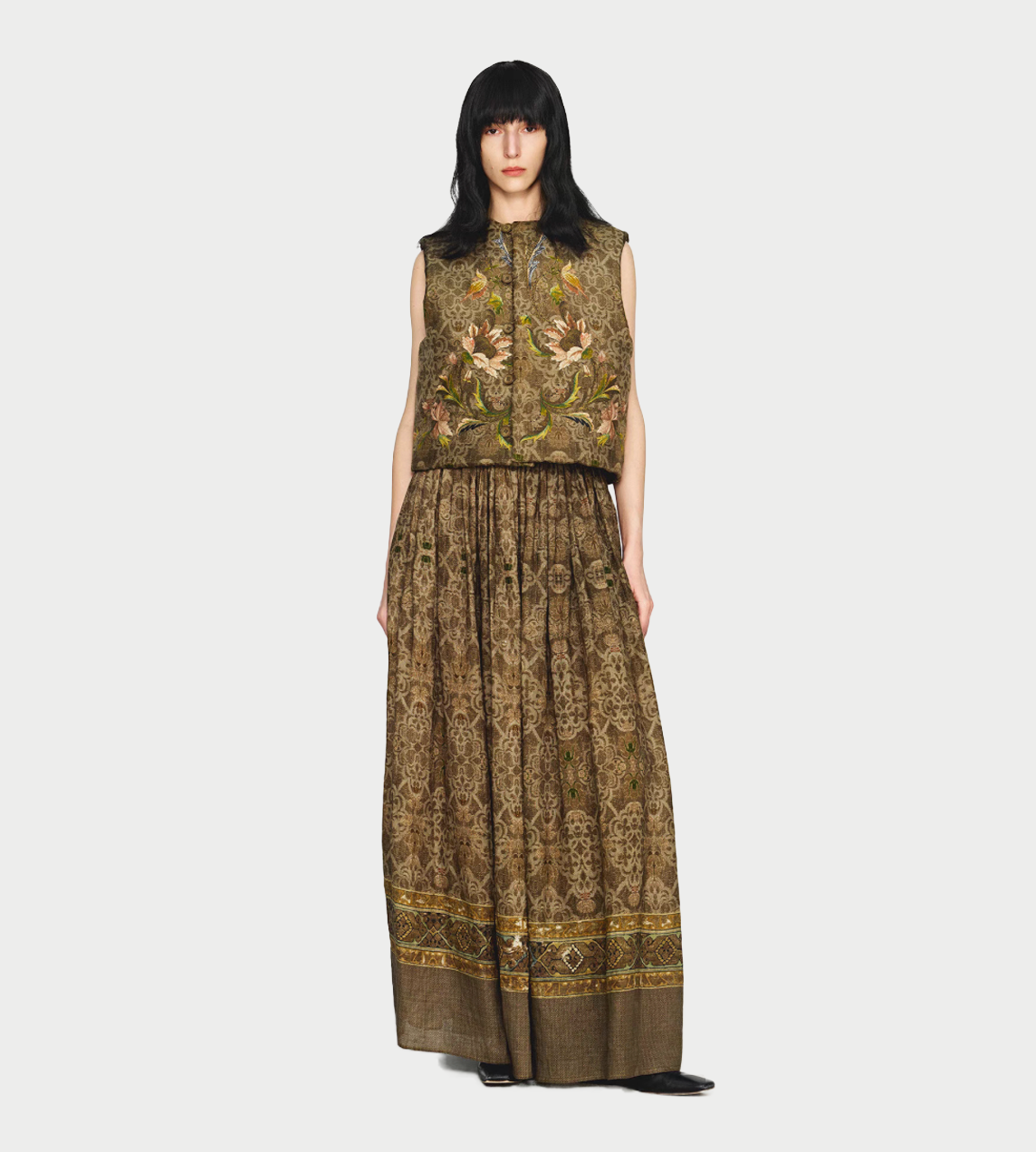 Dark Pattern Printed Linen Skirt Green
