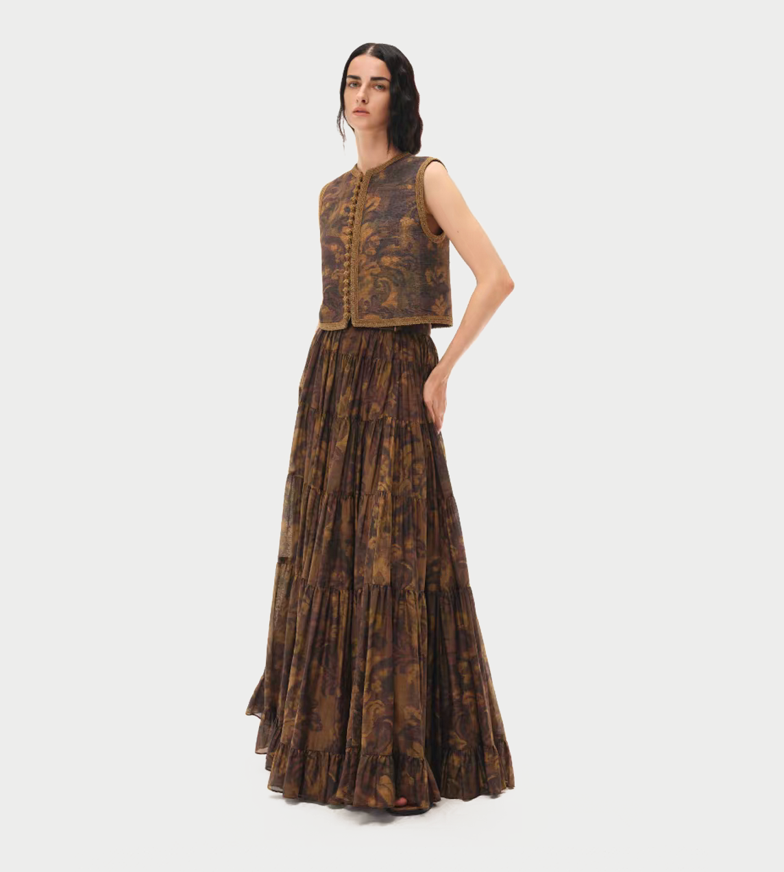 INTO THE EAST - Acanthus Oil Pain Multi-Layer Skirt Tea Brown