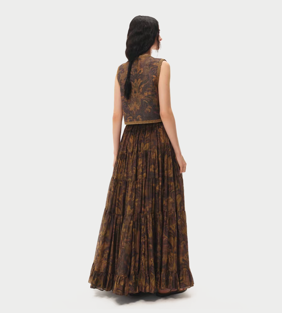 INTO THE EAST - Acanthus Oil Pain Multi-Layer Skirt Tea Brown