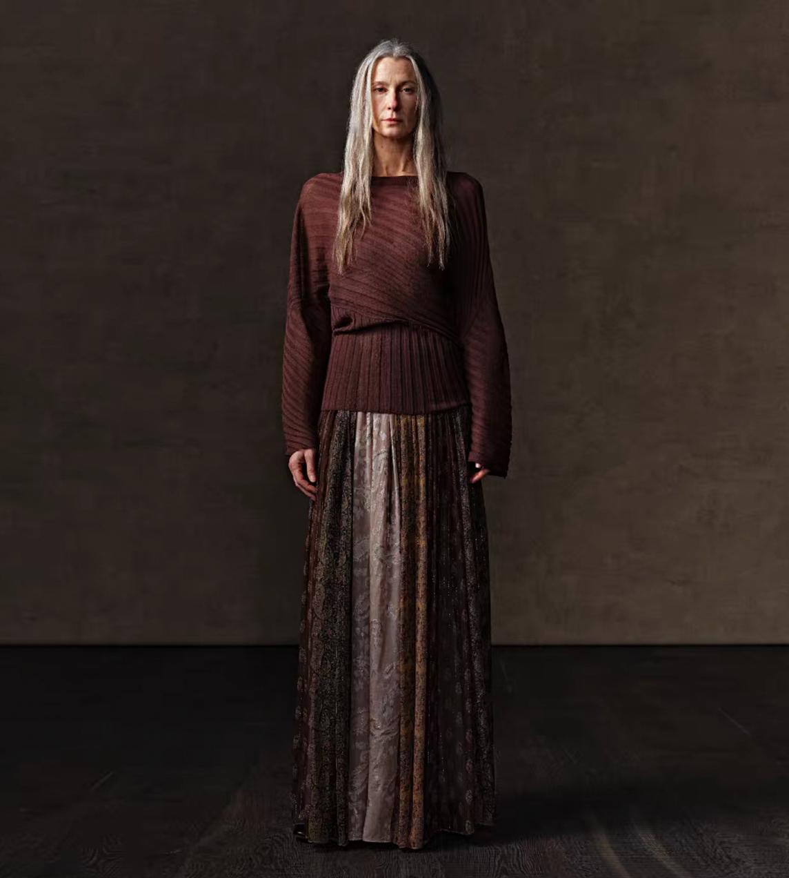 Irregular Rib Knitted L/S Top Brown