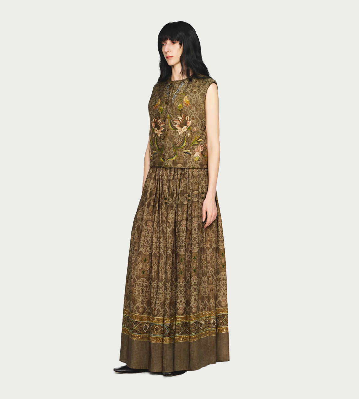 Dark Pattern Printed Linen Skirt Green