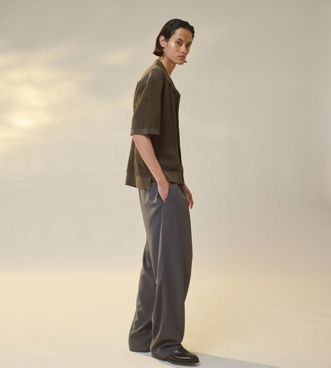 UJOH - Open Collar Knit Shirt Olive Grey