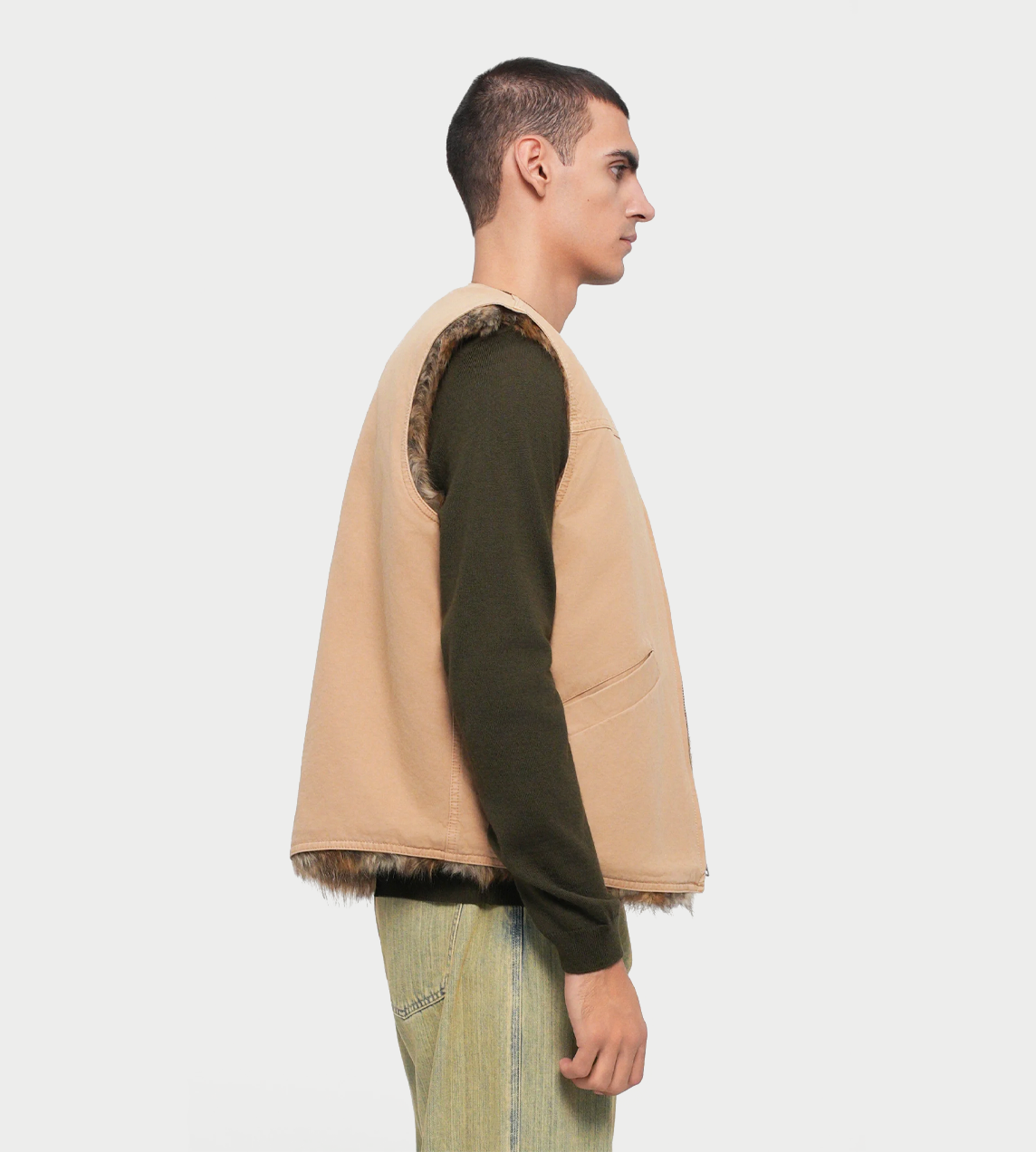 Faux Fur Reversible Vest Dk Beige