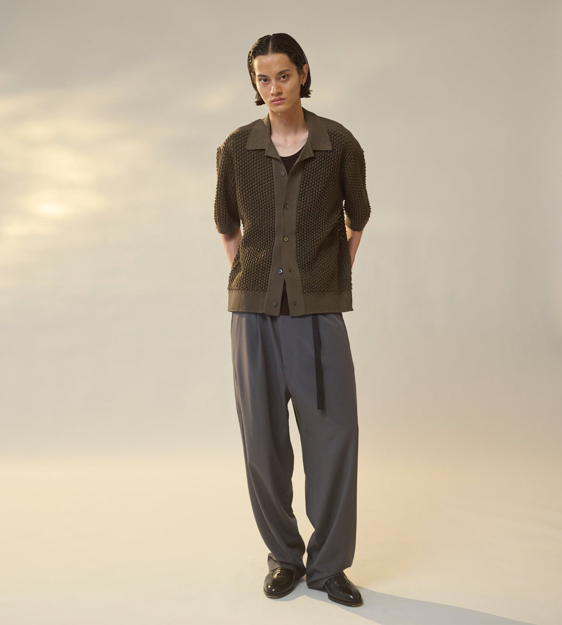 UJOH - Open Collar Knit Shirt Olive Grey
