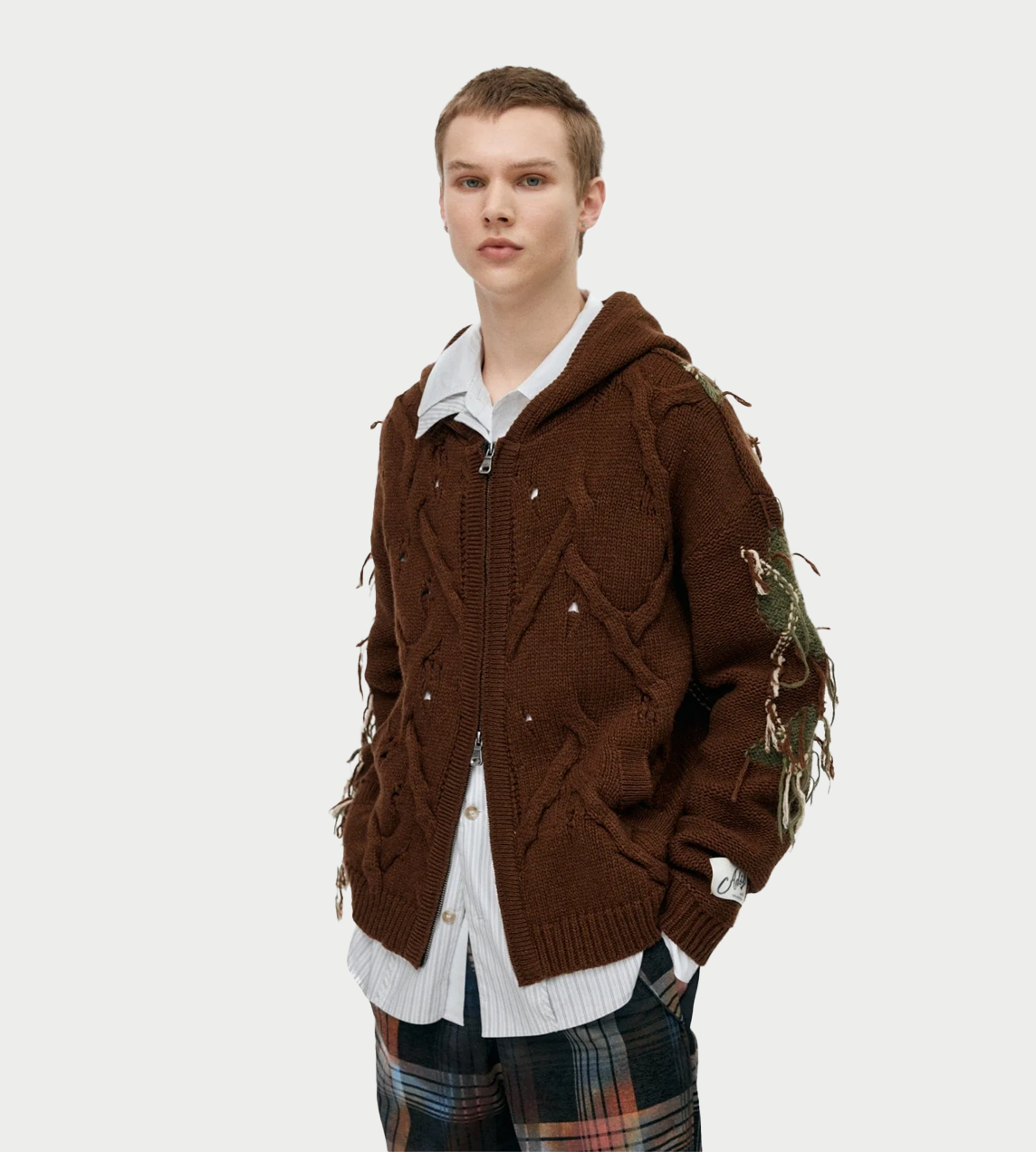 Unisex Argyle Fisherman Hood Zip-up Brown