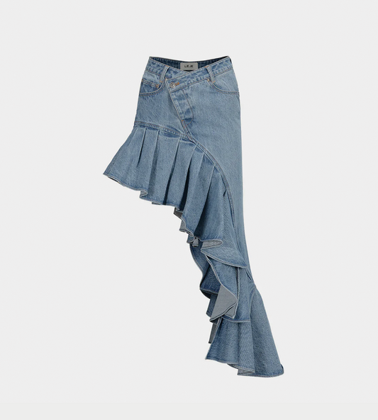 LEJE - Asymmetric Frill Denim Skirt Blue