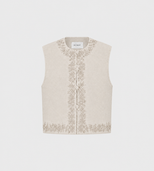 INTO THE EAST - Beige Linen Embroidered Vest Beige