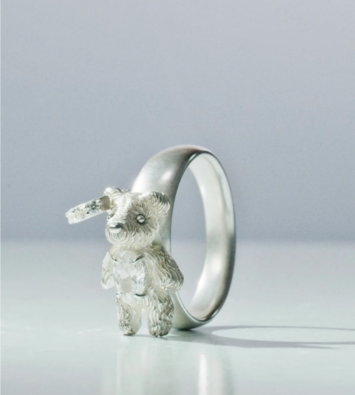 Carved Metal Mini Bear Ring White
