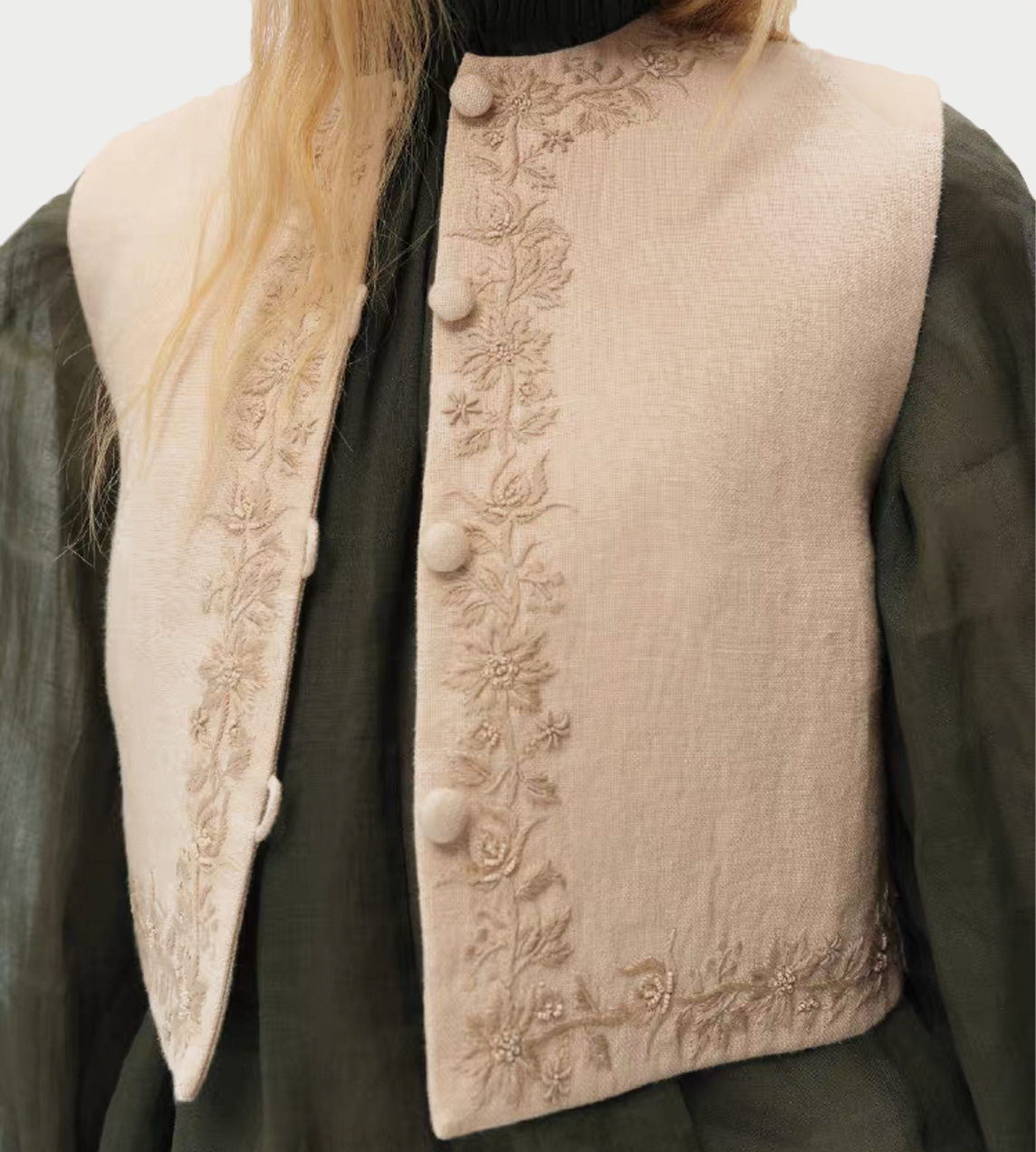 NTO THE EAST - Beige Linen Embroidered Vest Beige
