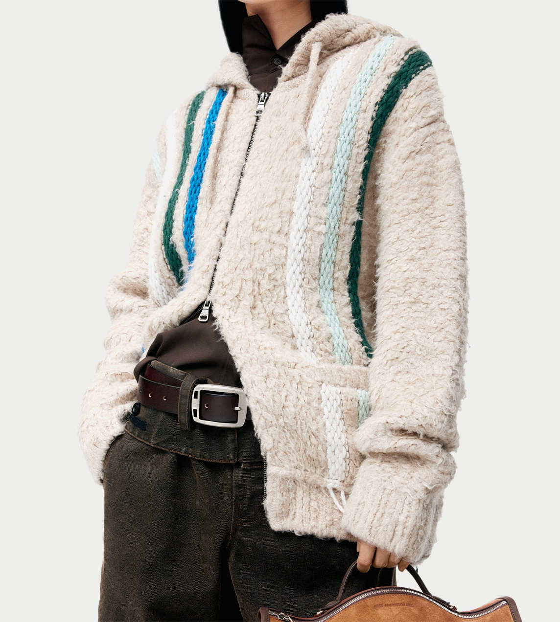 Unisex Reverse Stripe Kint Hoodie Ecru