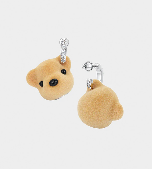 YVMIN - Flocked Bear Head Stud Earrings Beige