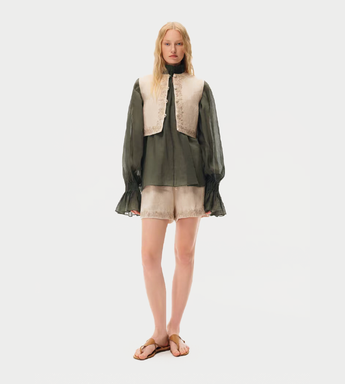 Linen Embroidered Vest Beige