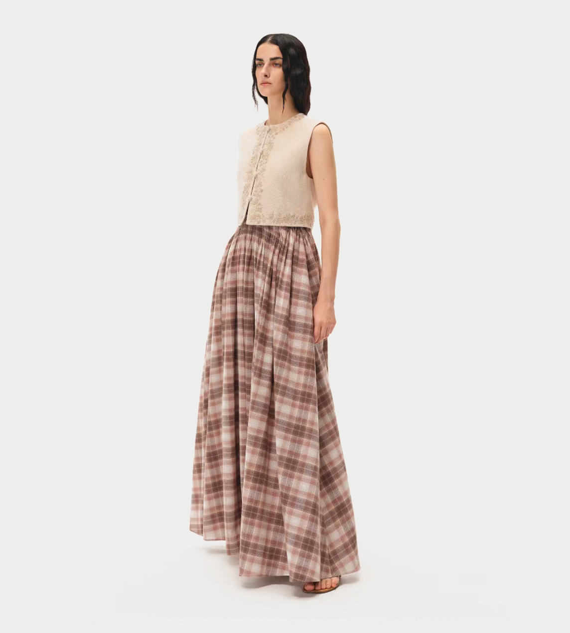 Linen Embroidered Vest Beige