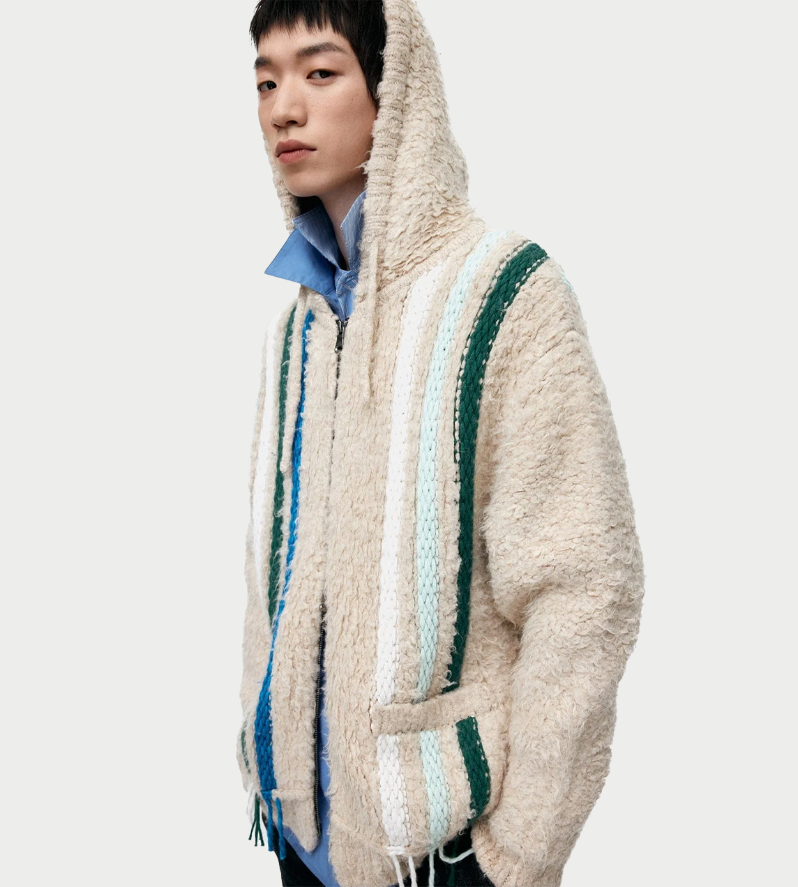 Unisex Reverse Stripe Kint Hoodie Ecru