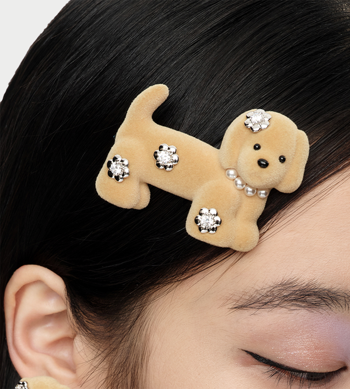 YVMIN - Flower Decorated Puppy Hair Pin Lt Brown