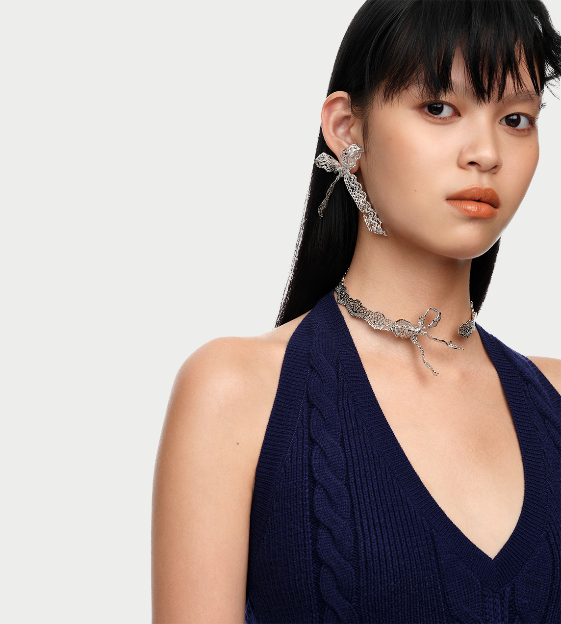 YVMIN - Lace Bowknot Earring Silver (Pair)