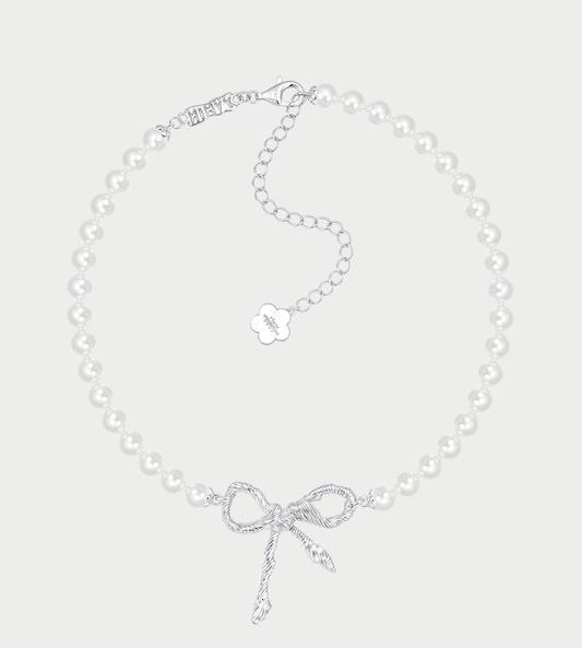 YVMIN -Twisted Rope Bow Pearl Necklace Silver