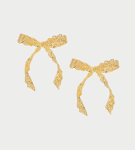 Long Tail Lace Bow Earring Gold (Pair)