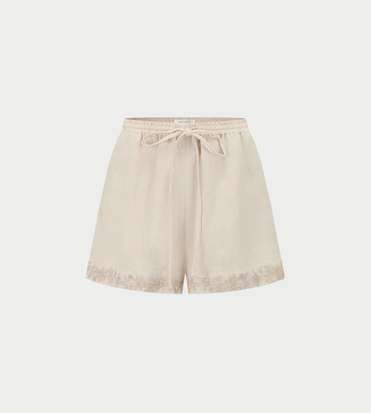 INTO THE EAST - Beige Linen Embroidered Shorts Beige