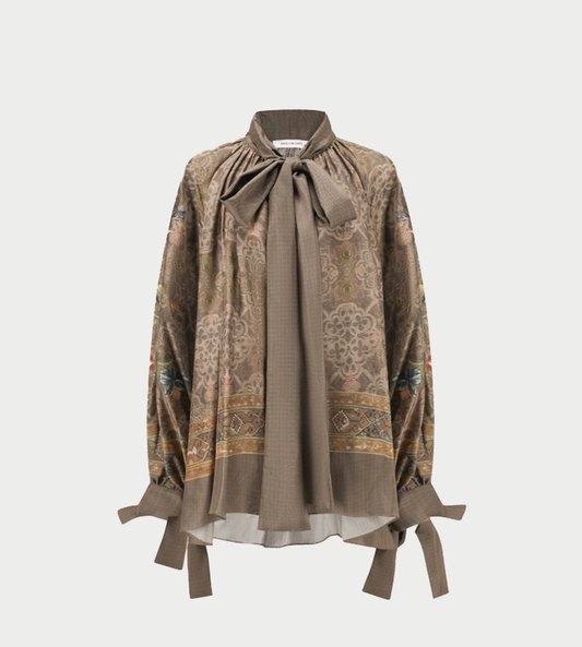 INTO THE EAST - Silk Prints Tie-front Blouse Green