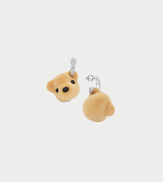 Flocked Bear Head Stud Earrings Beige