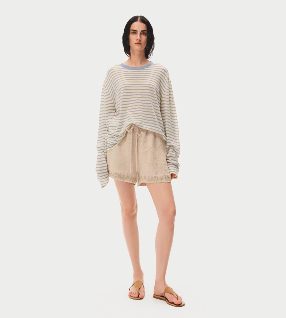 INTO THE EAST - Beige Linen Embroidered Shorts Beige