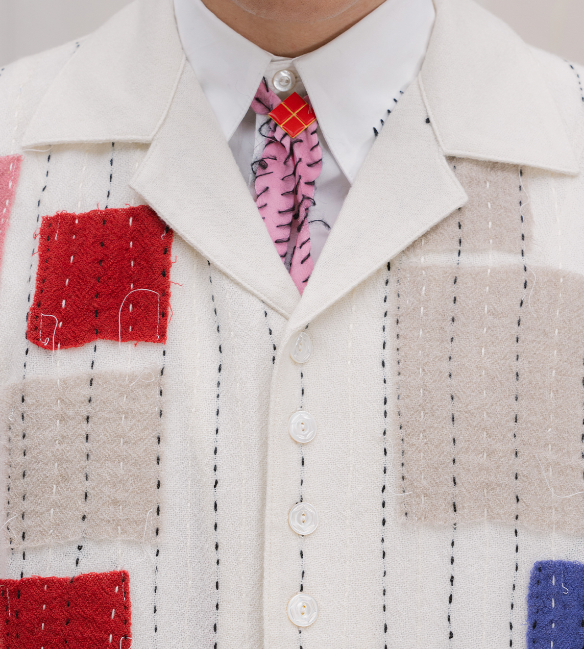 GLASS CYPRESS - Patchwork Wool Gauze Shirt Ivory