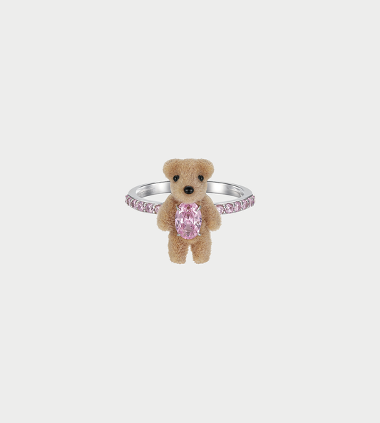 Mini Flocked Bear Band Ring Pink