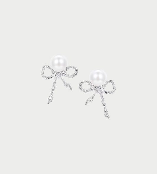 YVMIN - Twisted Rope Bow Pearl Earring Silver (Pair)