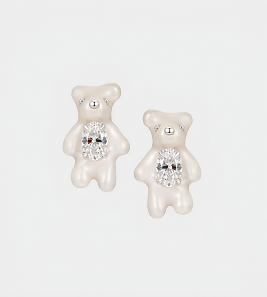 YVMIN - Mini Pearlescent Bear Earrings White