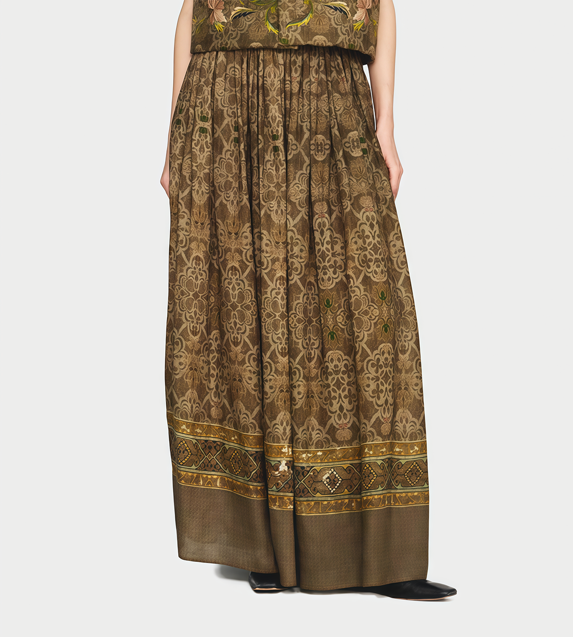 INTO THE EAST - Dark Pattern Printed Linen Skirt Green