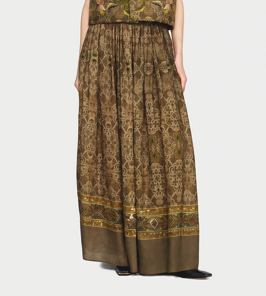 INTO THE EAST - Dark Pattern Printed Linen Skirt Green