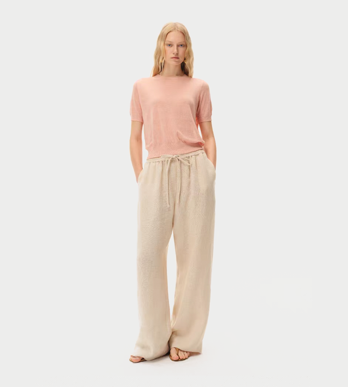 INTO THE EAST - Drawstring Straight-Leg Pants Beige