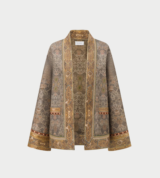 INTO THE EAST - Moss Jacquard Tasar Silk Cardigan Green