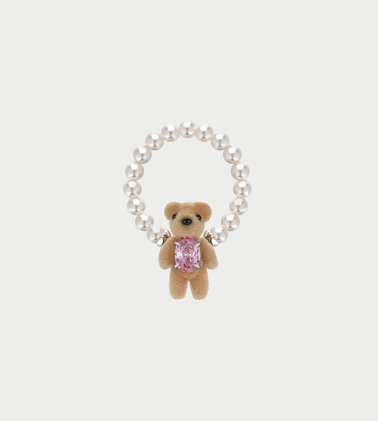 Mini Flocked Bear Pearl Ring Pink