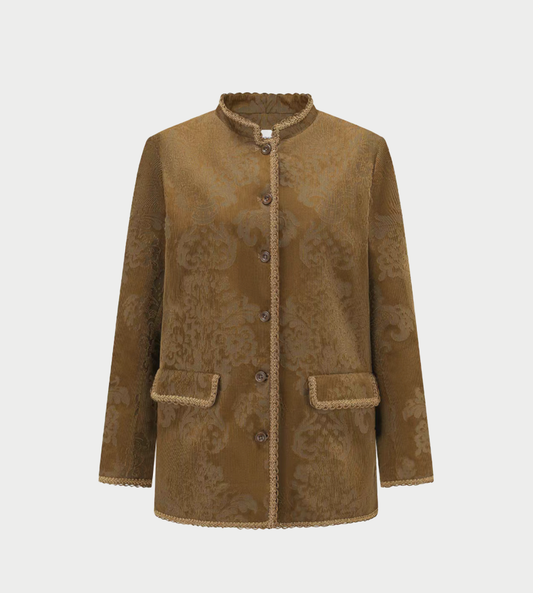 INTO THE EAST - Velvet Floral Ribbon Edge Coat Olive Yellow