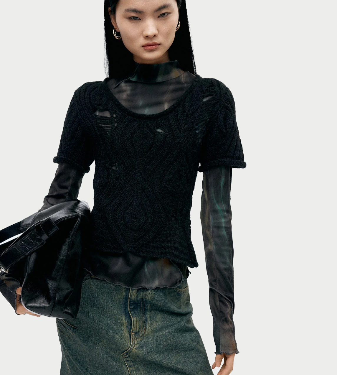 Cap Sleeve Sweater Layered Top Blk