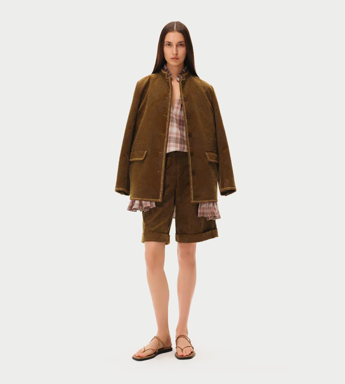 INTO THE EAST - Velvet Floral Ribbon Edge Coat Olive Yellow
