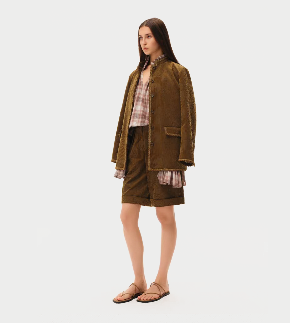 Velvet Floral Ribbon Edge Coat Olive Yellow