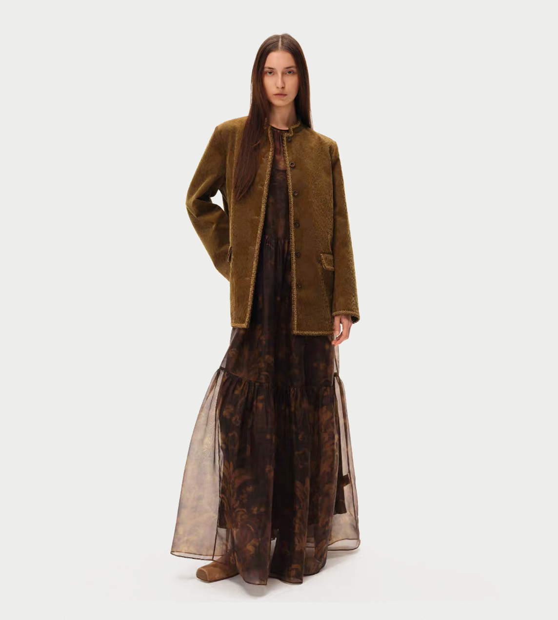 INTO THE EAST - Velvet Floral Ribbon Edge Coat Olive Yellow