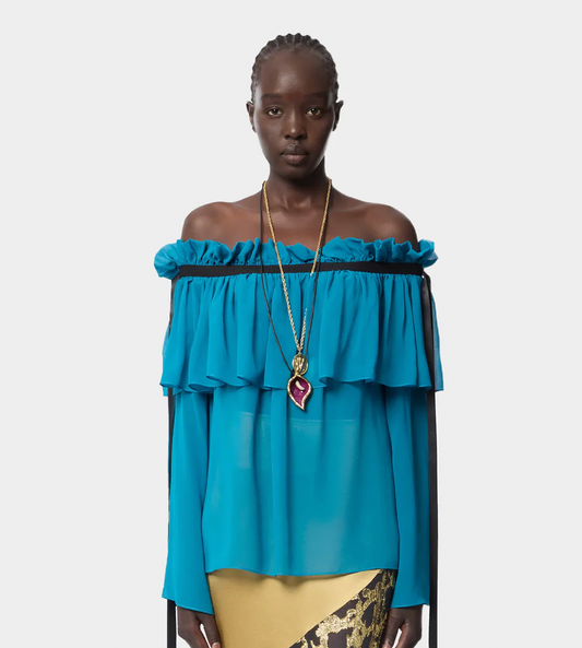 NINA RICCI - Boat Neck Silk Top Blue