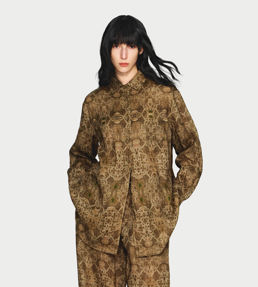 Printed Linen Shirt Moss Green